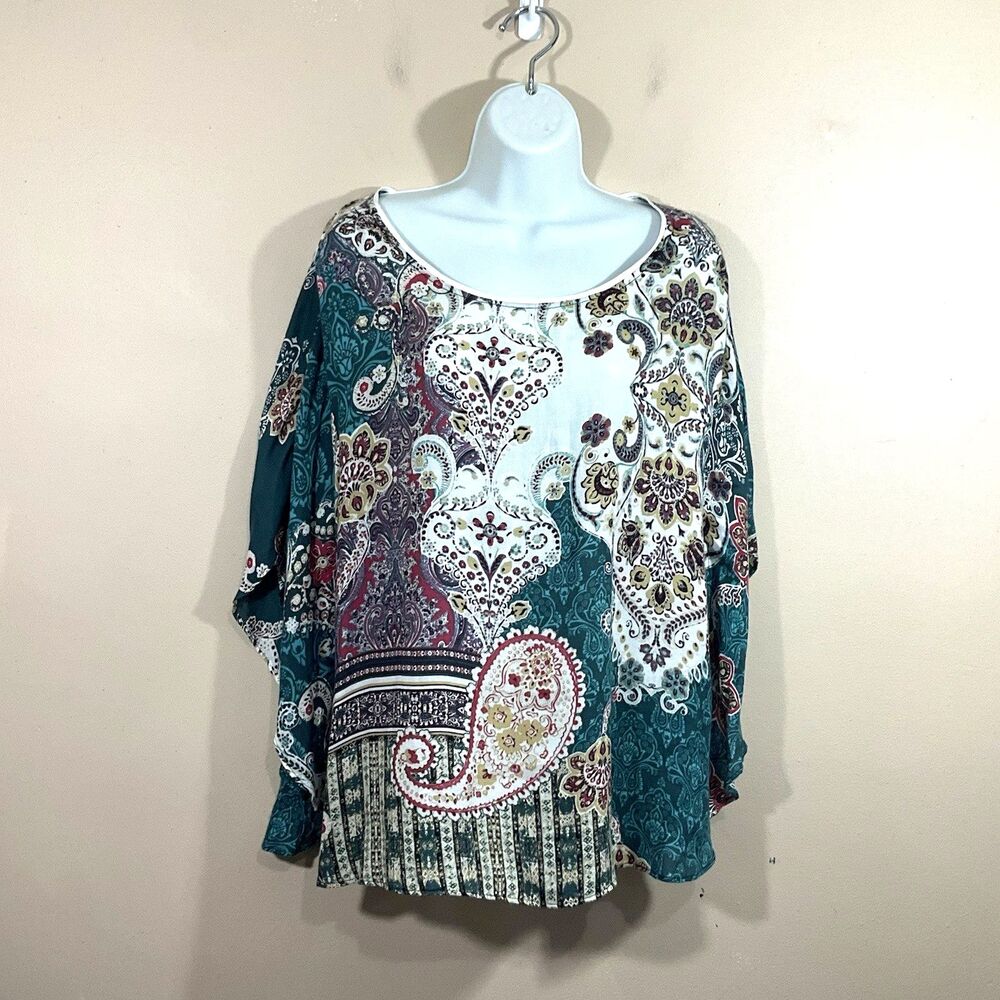 Chicos Womens Moroccan Dreams Paisley Poncho Top S/M Green Boho Coastal Hippie